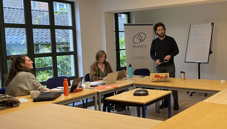 Data Analysis Day in FEANTSA left to right: Athina Moroglou, Bec Conway, Yannis Perifanos with Atefeh Safarabadi Farahani online and photo by Eileen Lauster